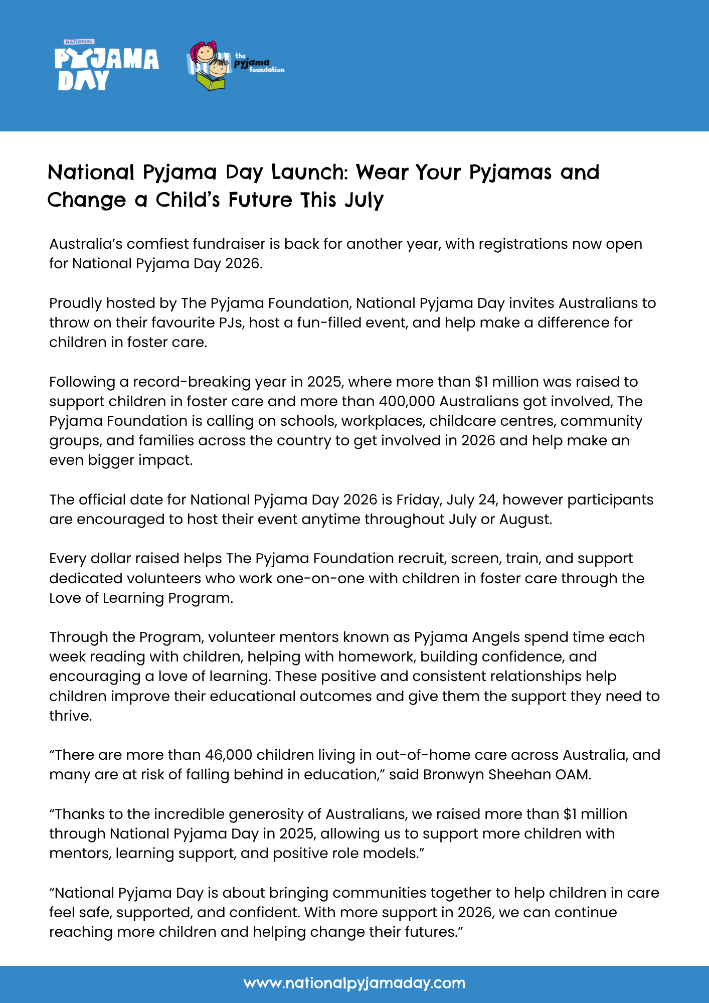 National Pyjama Day 2026 Media Release